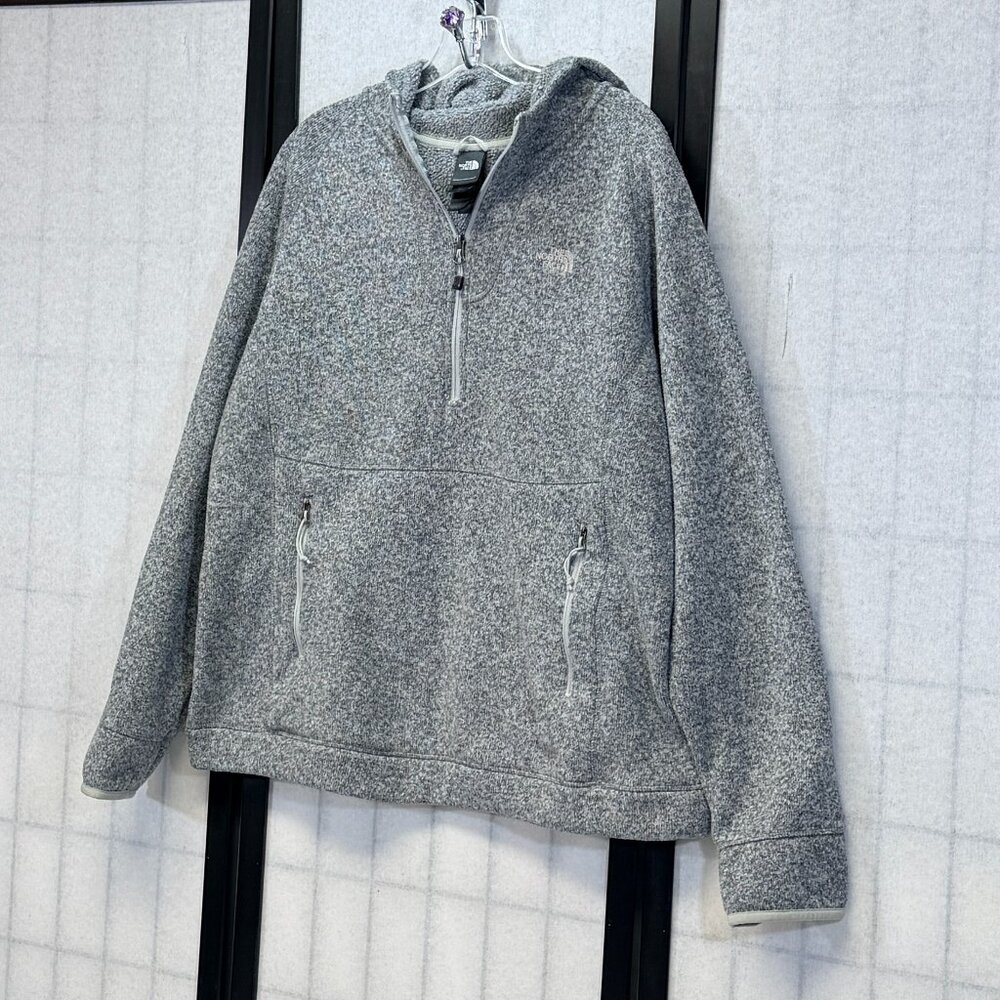 North Face XL Hooded Half Zip Pouch Pocket Fleece Interior Jacket Grey Marled - Picture 4 of 13